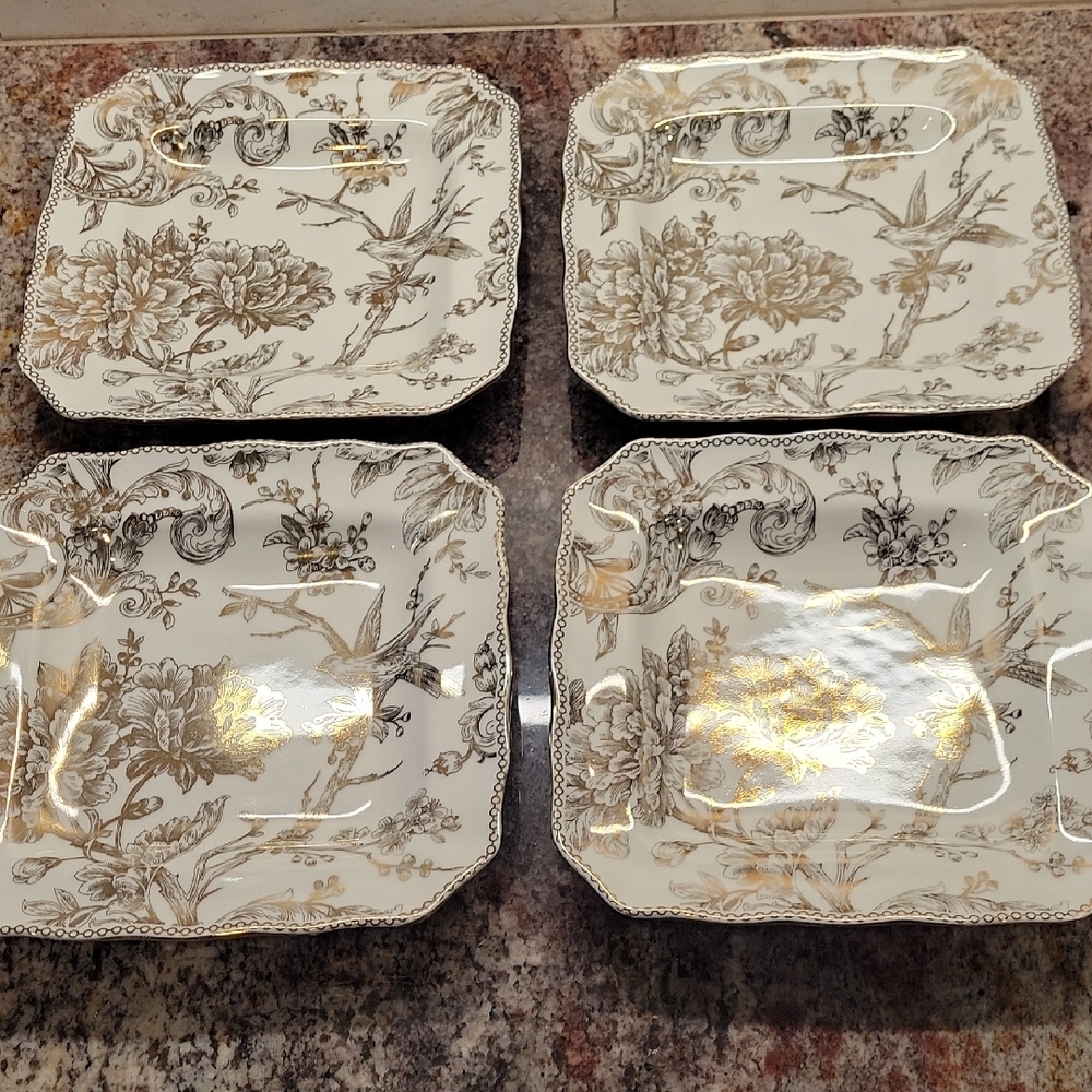 Set of 4 Square 222 Fifth "Adalaide" Gold GEP Salad/ Dessert Plates